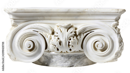 Obraz na płótnie White marble Ionic capital with volutes and acanthus leaves, isolated on transpa
