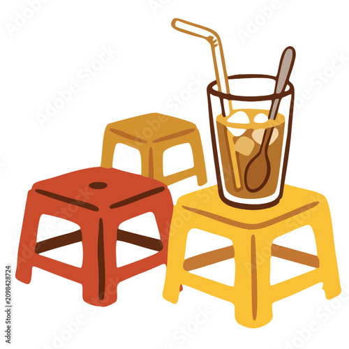 Colorful illustration of street food seating with stools and drink