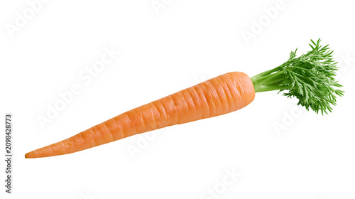 Fotografie Fresh orange carrot with green leafy tops, isolated on transparent background