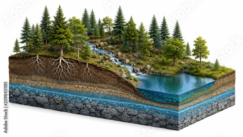 Cross section of forest watershed ecosystem showing layered soil strata, tree roots, groundwater aquifer, underground rock layers, pine trees, and flowing waterfall above white background