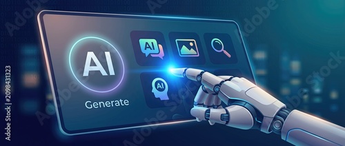 Futuristic robotic hand interacting with an ai interface showcasing advanced technology and innovation in artificial intelligence digital creativity and automation.