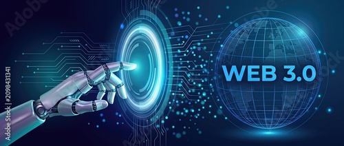Futuristic robotic hand interacting with digital interface symbolizing web 3.0 and advanced technology concepts representing the future of the internet and connectivity.
