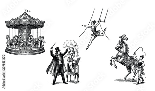 Vintage circus engraving illustrations featuring carousel, magician, acrobat, trained horse, bear on bicycle and juggling props, classic carnival art, retro show and entertainment concept.