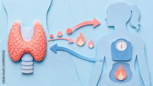 Thyroid gland and weight metabolism connection illustration with layered paper craft style, showing hormone signals, body silhouette, scale, and flame icons on blue background