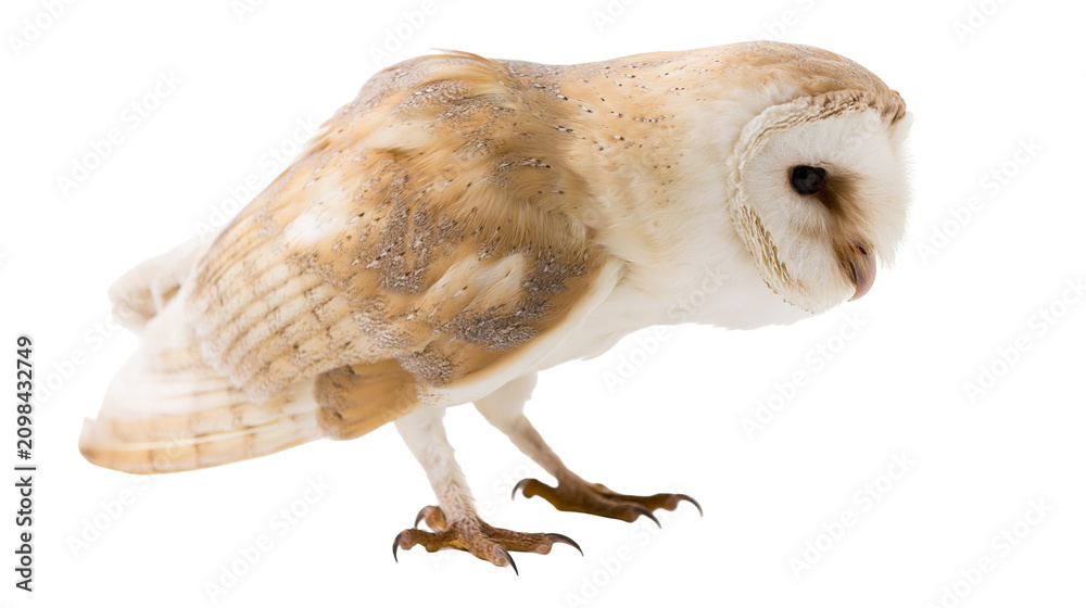 Obraz premium Barn owl with speckled brown and white feathers, isolated on transparent background