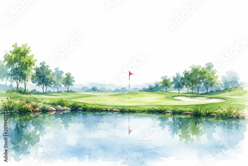Watercolor golf course with serene pond reflection, red flag on green, lush trees, soft blue and green tones, loose wash technique, tranquil landscape scene