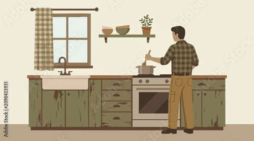 Φωτογραφία Man cooking in a rustic kitchen, stirring a pot on the stove