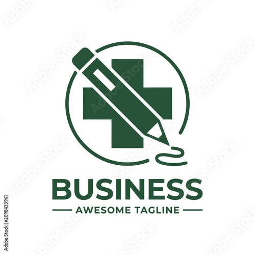 Medical cross and pencil logo for healthcare writing.