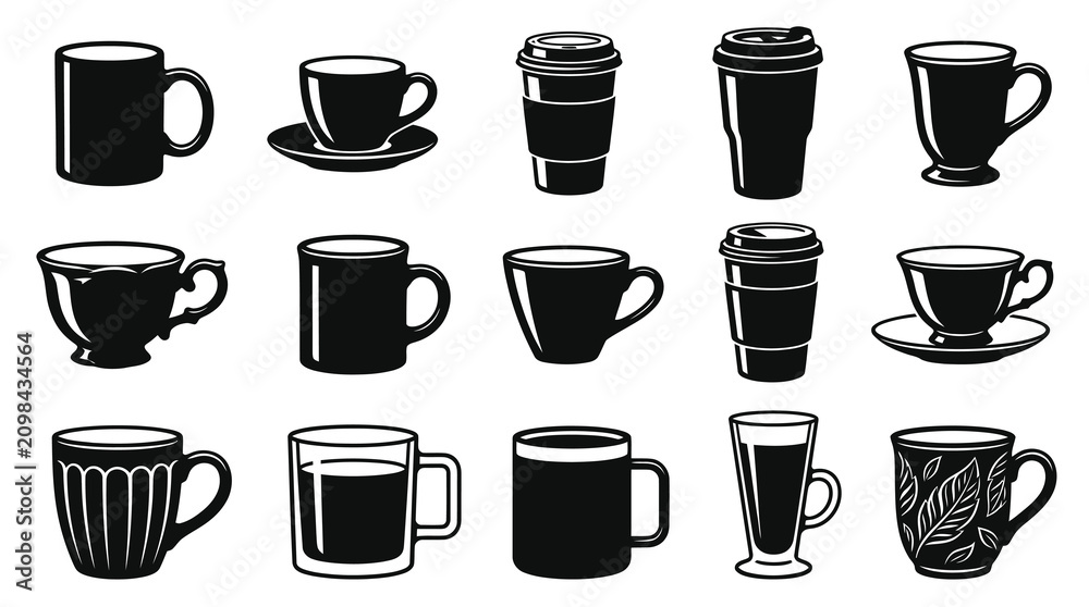 Obraz premium Black White Vector Icons of Coffee Cups and Mugs, Various Styles