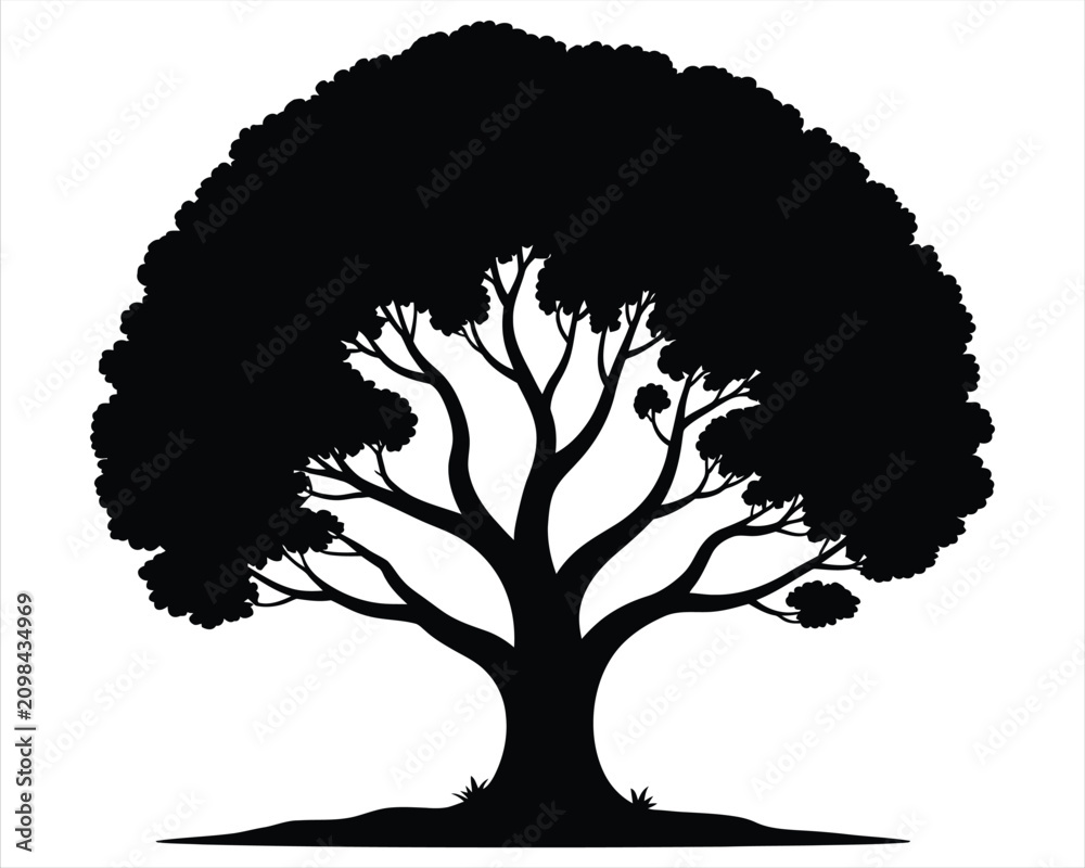 Fototapeta premium Isolated black silhouette of a large leafy tree on white background
