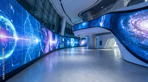 Futuristic immersive LED screen exhibition hall with cosmic visuals