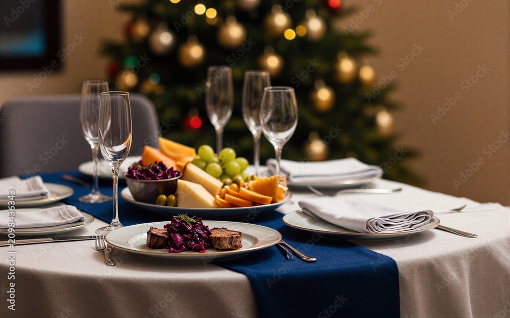 Fototapeta premium Christmas tree backdrop, elegant table setting with food and wine glasses.