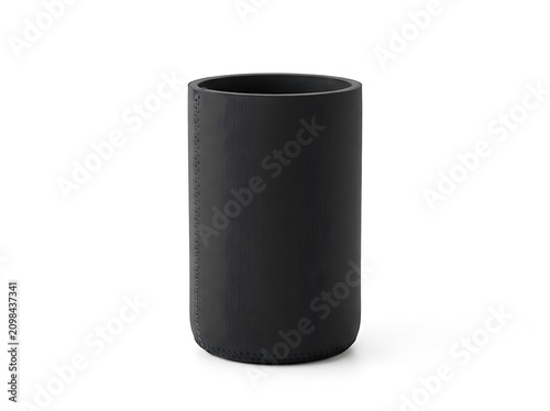 Black cylindrical container for office supplies or stationery desk organizer. koozie