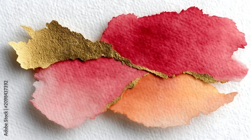 Abstract watercolor art with torn paper edges and gold leaf accents in pink, red, orange, and peach hues on textured paper background