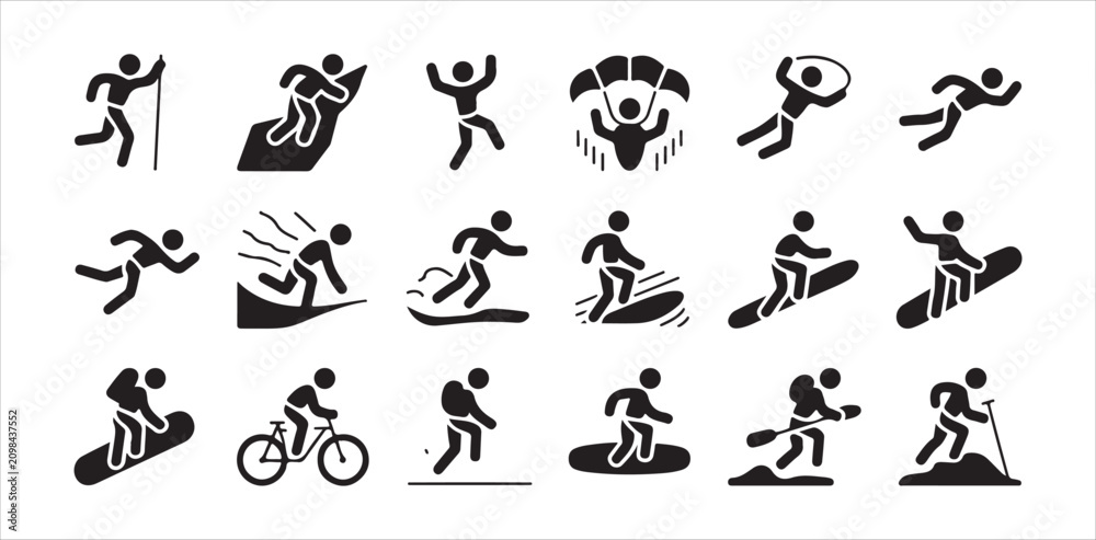 Obraz premium Extreme Sports and Adventure Activity Icons Set Featuring Surfing Snowboarding and Climbing
