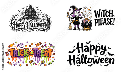 Vintage halloween typography and illustrations for spooky season designs and festive decorations