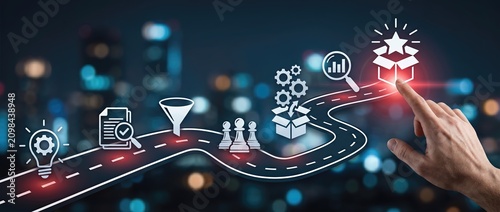 A creative depiction of a business roadmap showcasing strategic planning and decision making featuring icons that symbolize growth analysis and innovation.