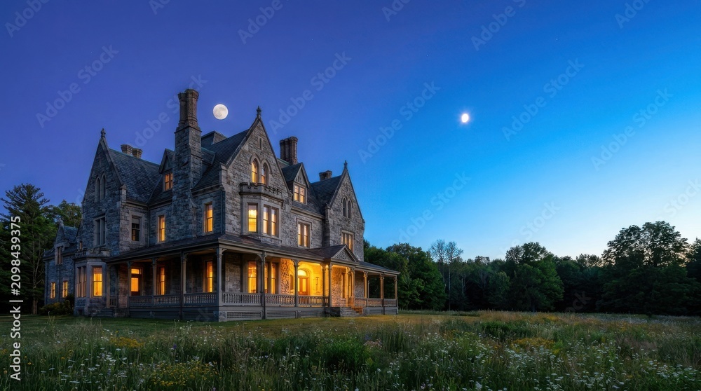 Obraz premium Large stone mansion with glowing windows under a night sky at dusk
