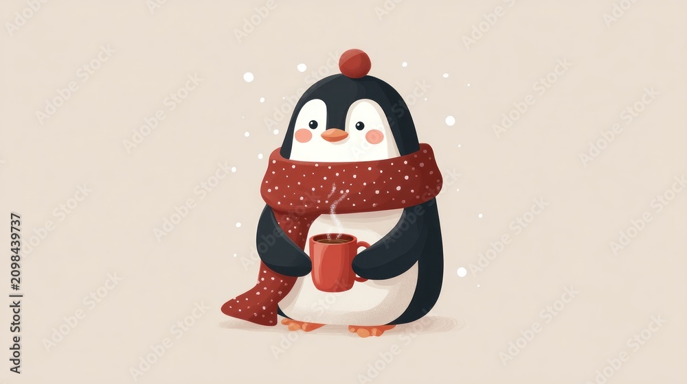 Fototapeta premium Cute penguin in winter attire holding a mug of hot beverage