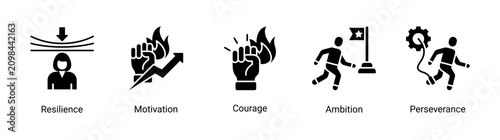 Fotografía Inner Strength icon set featuring resilience,courage and perseverance concepts for overcoming challenges and achieving goals