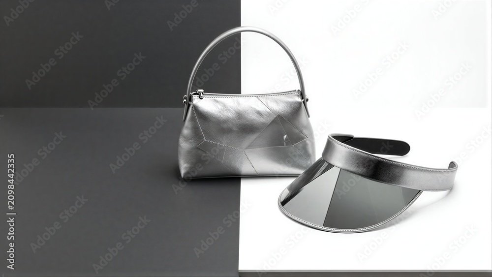 Obraz premium Silver handbag and visor on minimalist black-white background.