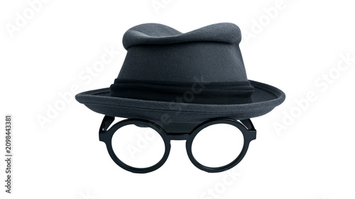 Cuadro en lienzo Dark grey fedora hat with black band and round glasses, isolated on transparent