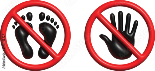 No step and do not touch sign icons, barefoot, hand stop and prohibition symbols for workplace safety notices, warning signs and restricted areas.
