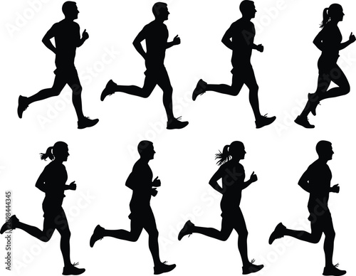 Bild auf Leinwand Silhouettes of runners in varied stride and posture across two rows showing moti