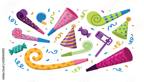 Photos Colorful birthday party elements vector set featuring festive blowouts noisemake