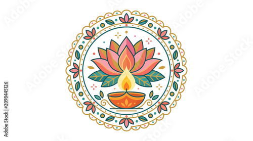 Ganesh Chaturthi festive mandala with diya and lotus flower vector illustration