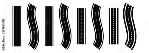 Wavy road with serpentine curves forming horizontal travel path, top down race track and highway system concept, clean flat vector illustration isolated on white background