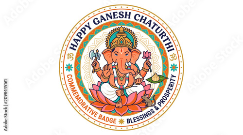 Happy Ganesh Chaturthi Commemorative Badge with Blessings and Prosperity