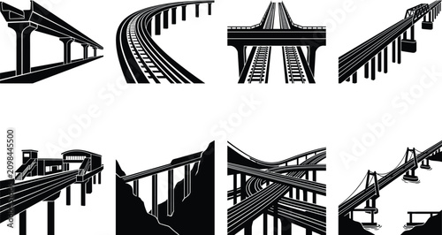 Fotografía Elevated railway bridge structures and multi level railroad junction black silho
