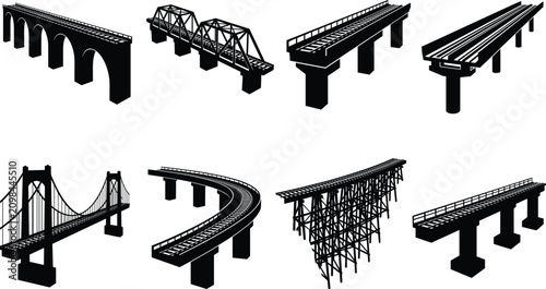 Foto Different types of railway bridges and railroad overpasses black silhouette isom