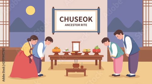 Fotografía Family Bowing During Chuseok Ancestor Rite Flat Style Vector Illustration