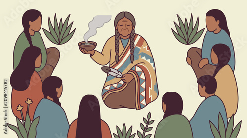 Photography Elder Leading Smudging Purification Ceremony Flat Style Vector Illustration