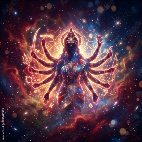 A mystical cosmic representation of Goddess Durga manifesting from stardust and celestial energy in the
deep universe.