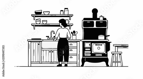 Photos Black and white illustration of a woman working in a rustic kitchen