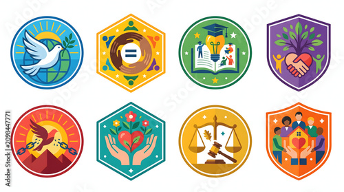 A nelson mandela collection of eight colorful badges featuring various symbols on display