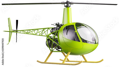 Fotografia Bright green single-engine helicopter with exposed mechanics, isolated on transp
