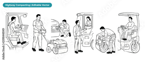 фотографія Road construction worker vector illustration set of asphalt roller operators, mechanics repairing and cleaning highway compacting machinery, outline coloring book style elements for industrial design