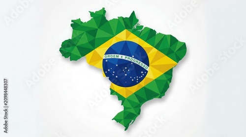 Brazil national flag map geometric polygon design with stars and slogan