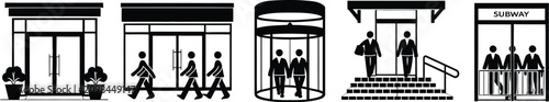 Building entrance icon set, black and white symbols showing revolving doors, office entryways, accessible ramps, stairs and people entering buildings.