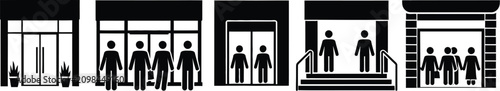 Building entrance vector icons, office doors, revolving entrances, accessible ramps, stairways and pedestrian entry symbols for navigation and facility signage.