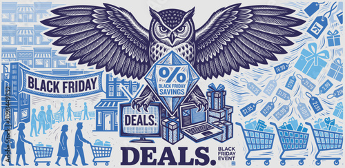 Black Friday Sale Illustration with Wise Owl and Retail Deals
