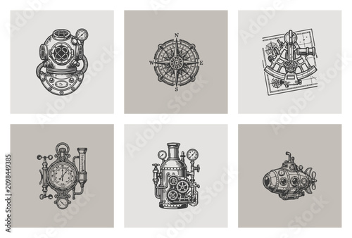 Vintage Steampunk Nautical Exploration Icons and Sketches