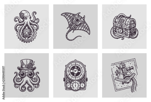 Steampunk Marine Life and Nautical Machinery Sketch Set