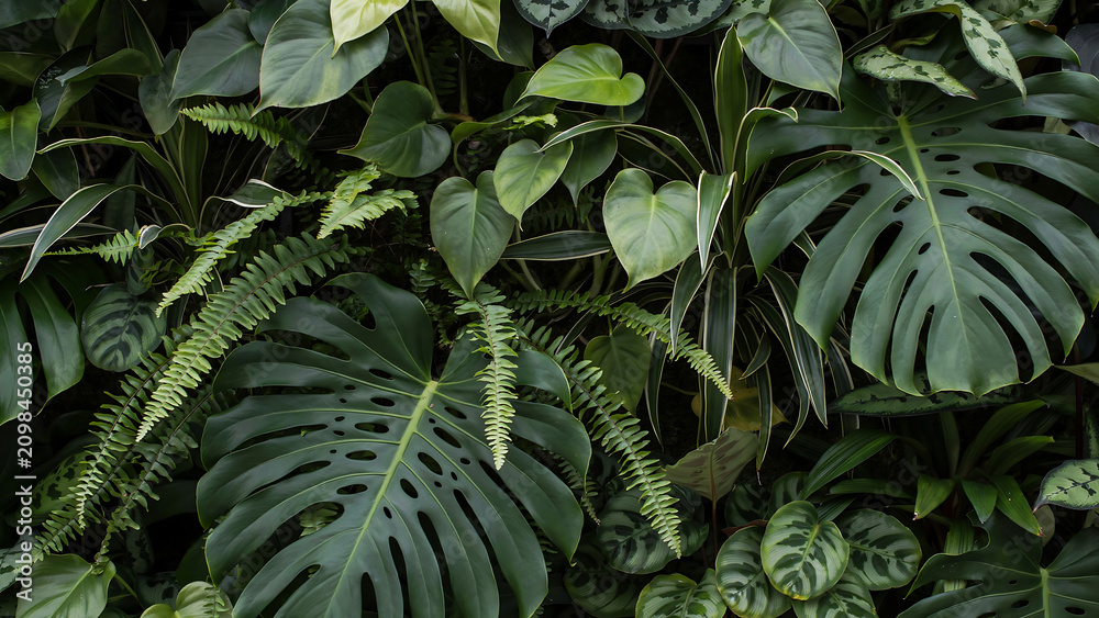 Obraz premium Vertical garden wall featuring a variety of tropical plants including monstera and ferns creating a lush green texture for interior decor