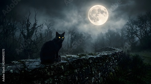 Black cat on stone wall under full moon in eerie forest