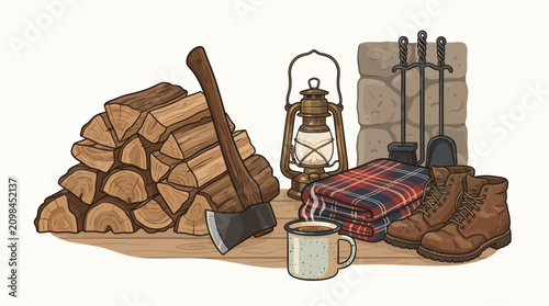Wooden logs stacked beside axe outdoors.
